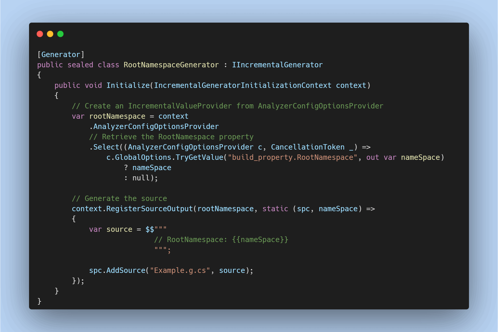 Accessing MSBuild properties and user configuration to source generators: Creating a source generator - Part 13